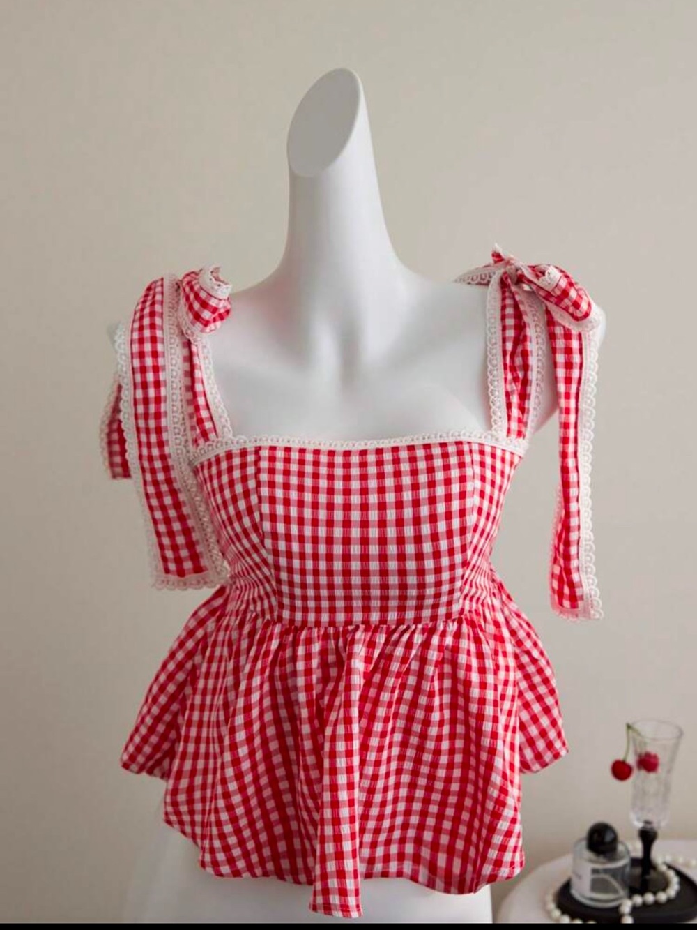 Red and White Gingham Tie-Shoulder Peplum Top